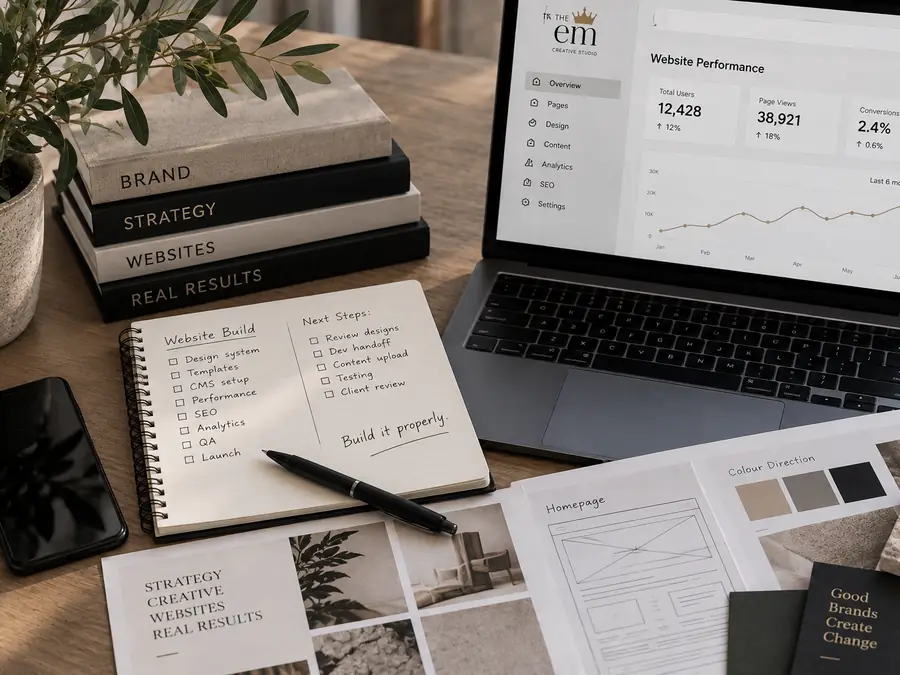 A build desk: an analytics dashboard on a laptop, a scoped-out build checklist and wireframes
