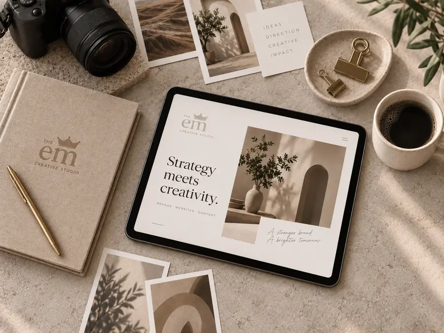 A tablet showing the art direction beside a notebook, camera and printed moodboard cards