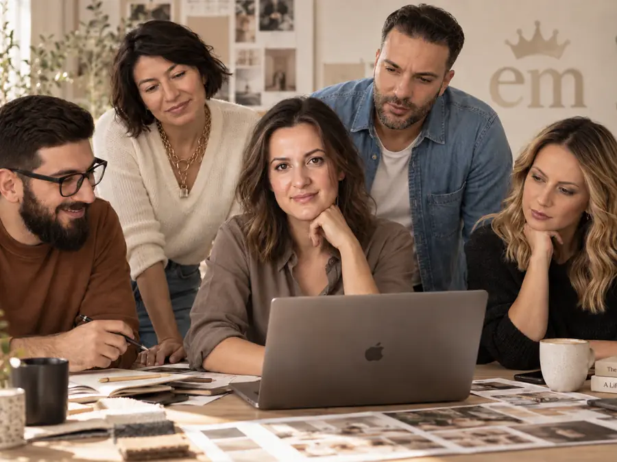 Five people gathered around a laptop in the studio, working through an audit together