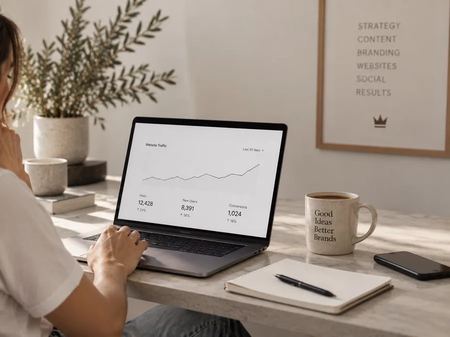 A laptop on a studio desk showing a month of rising website traffic, with visits, new users and conversions below the graph