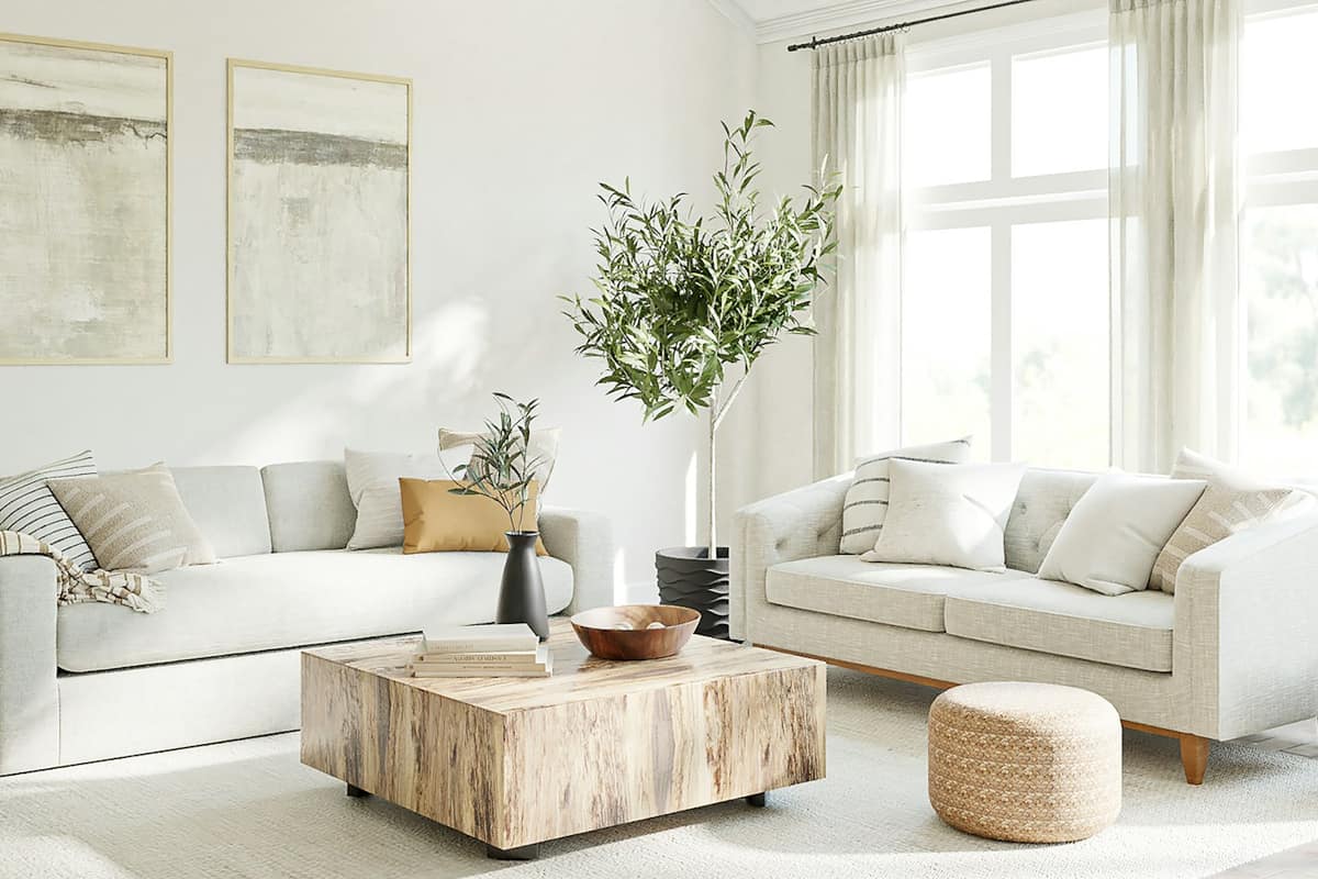 A bright, calm living room with linen sofas