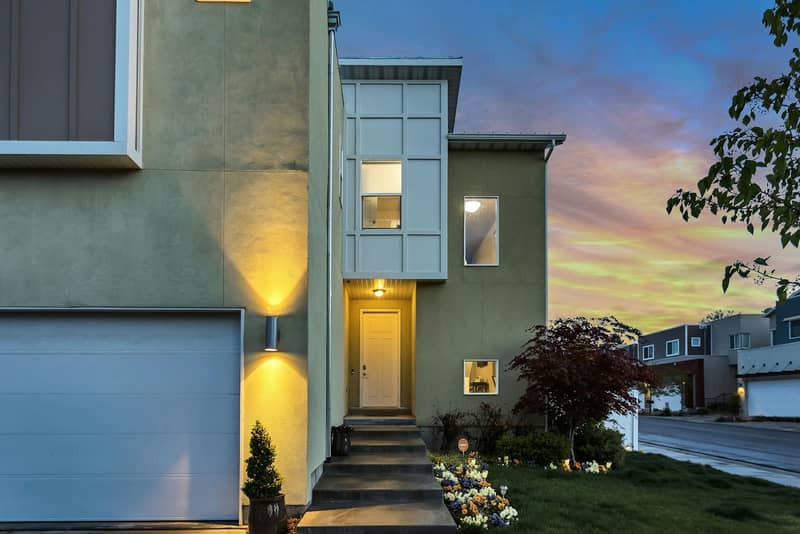 Modern townhome at twilight