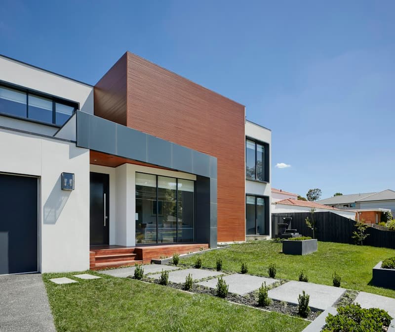 Modern home with a landscaped front lawn