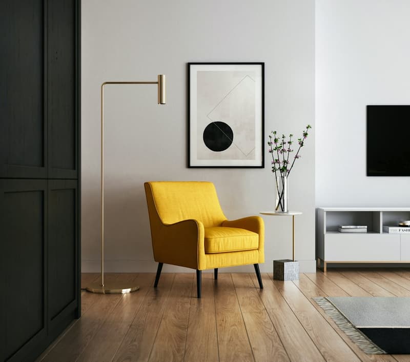 Styled living room with a yellow armchair