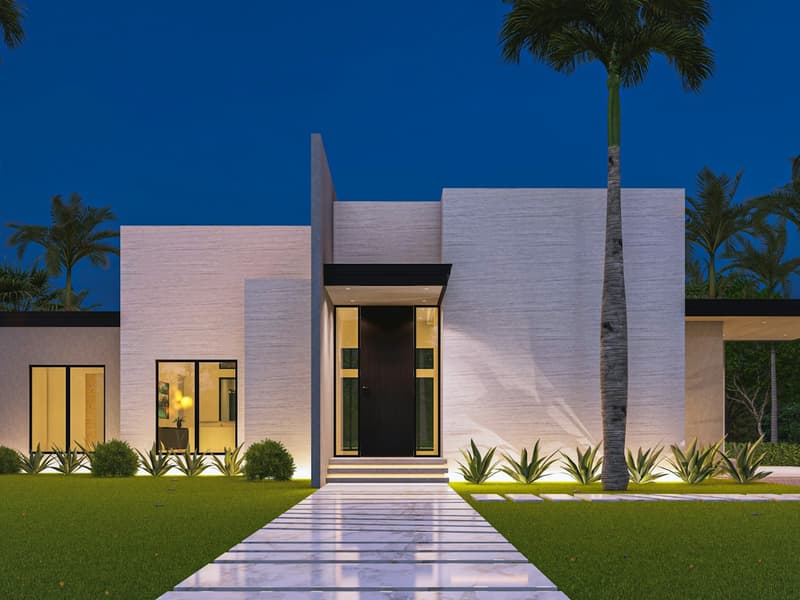 Modern white home at dusk