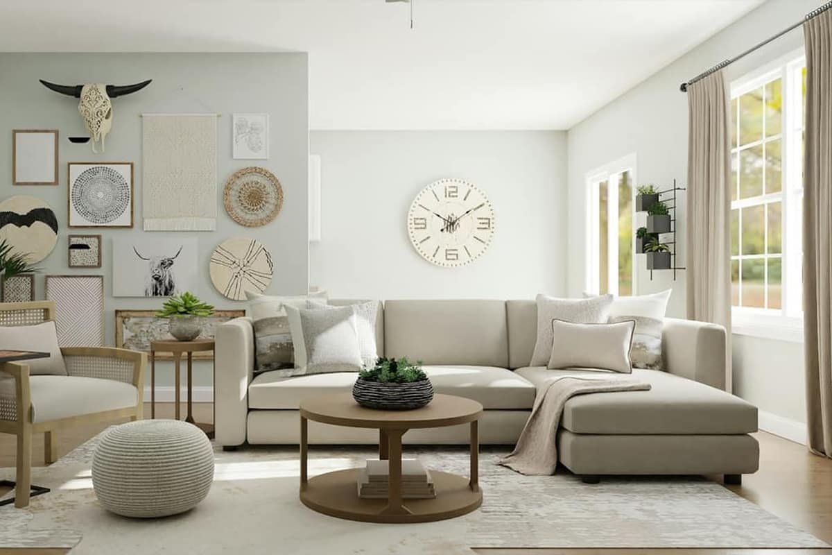 Bright living room with a staircase and wood floors