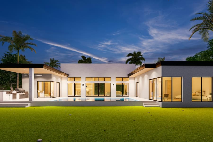 Modern home framed by a mature tree